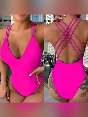 Bright Hot Pink Strappy Back Criss Cross One Piece Swimsuit Size Medium